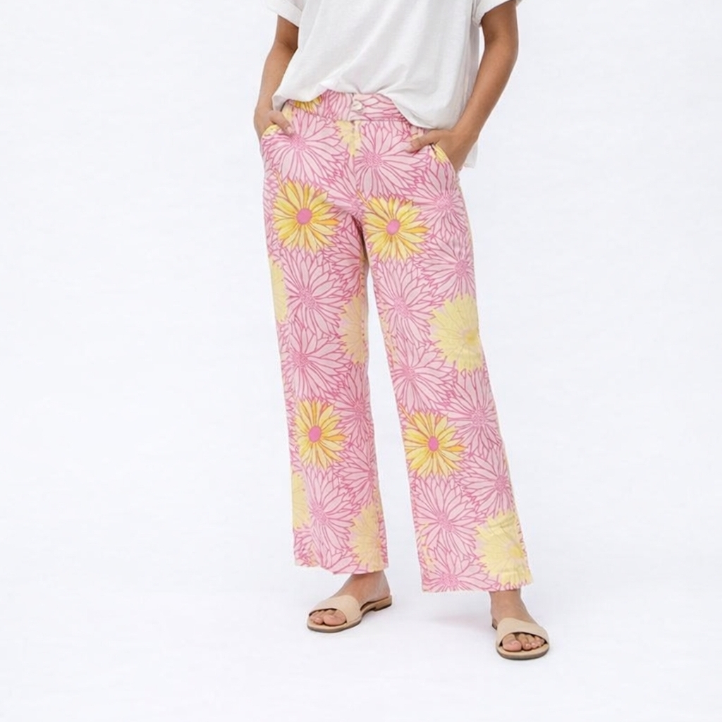 Pink Yellow Floral Chinos Wide Leg Boho Hippie Granola Festival Beach 12